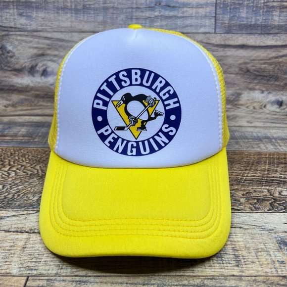 Pittsburg Penguins Mens Trucker Hat Yellow Snapback 1968 Vintage Logo Hockey Cap - Picture 2 of 8